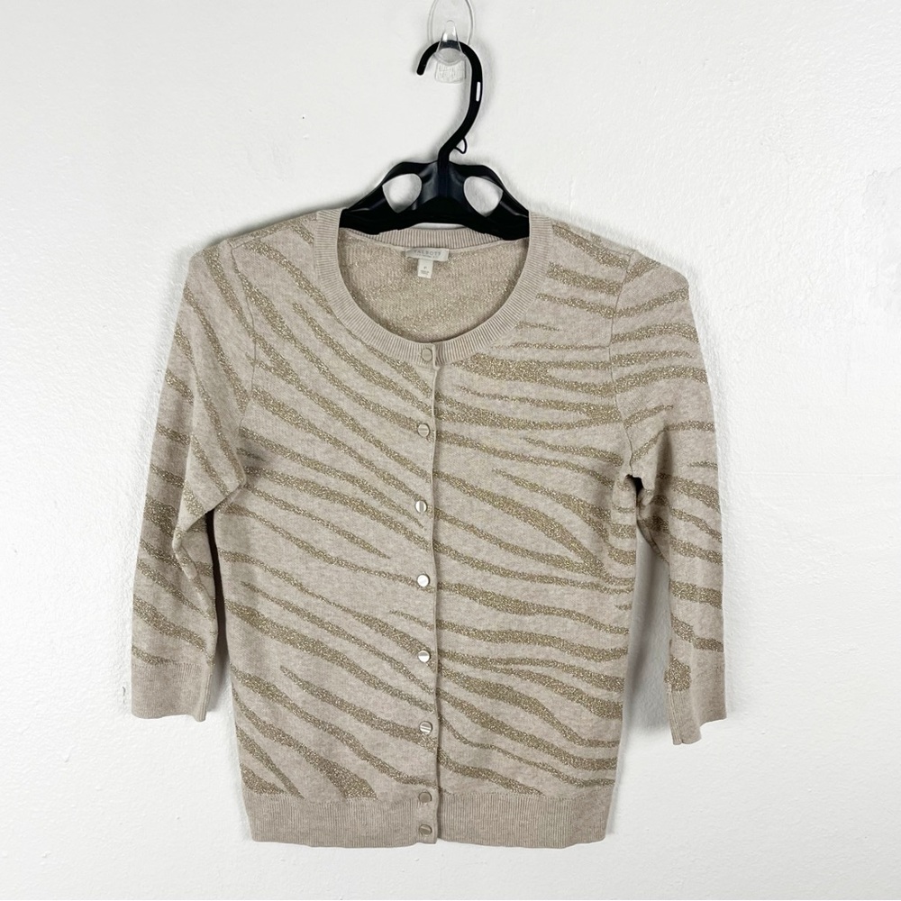 TALBOTS Gold Metallic Zebra Print 3/4 Sleeves Button Cardigan, Size Small Petite